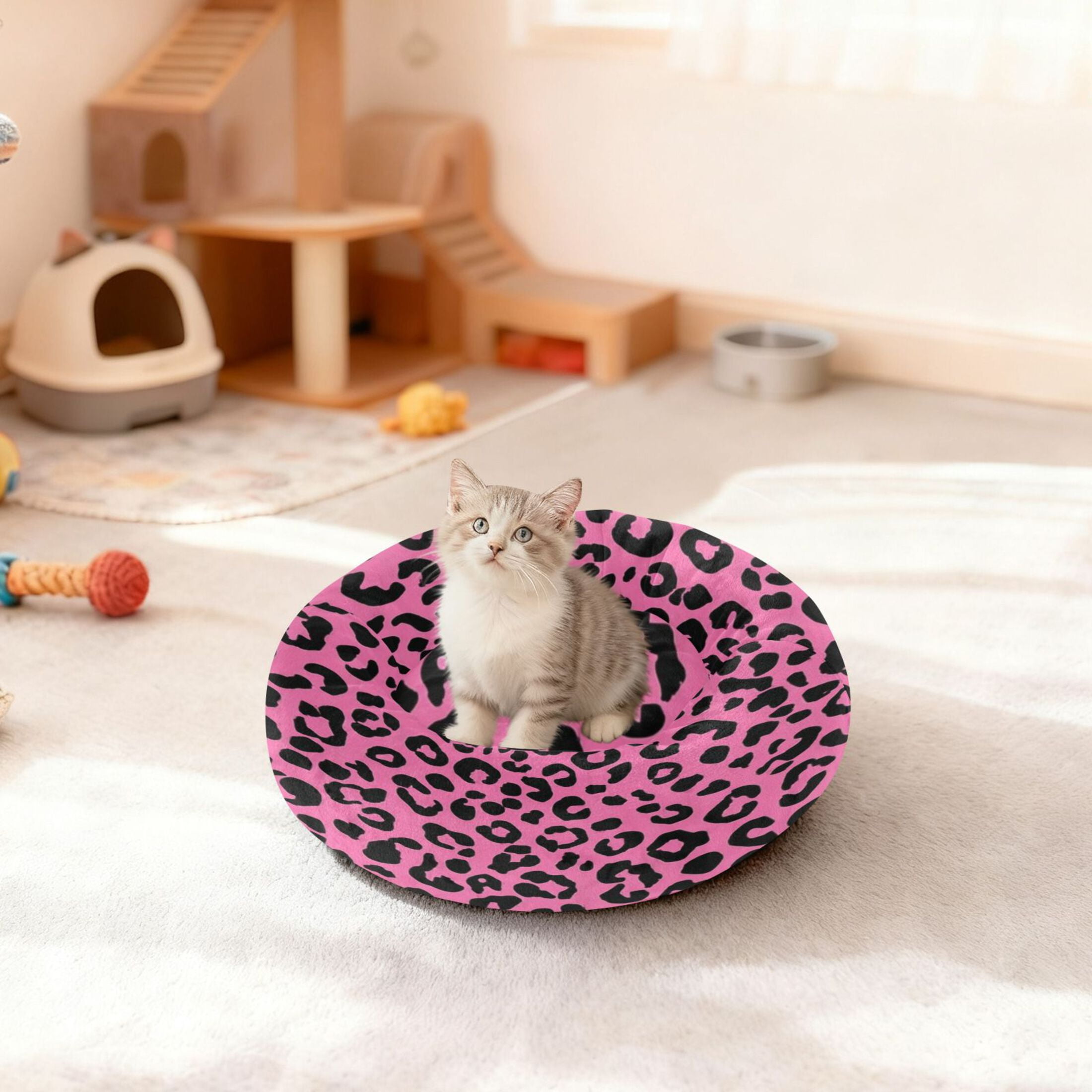 Iauyy Pet Couch Donut Cat Bed for Indoor Cats/Small Dogs Washable & Machine with Non-slip Bottom Calming Cat Furniture, Print Pattern (M)
