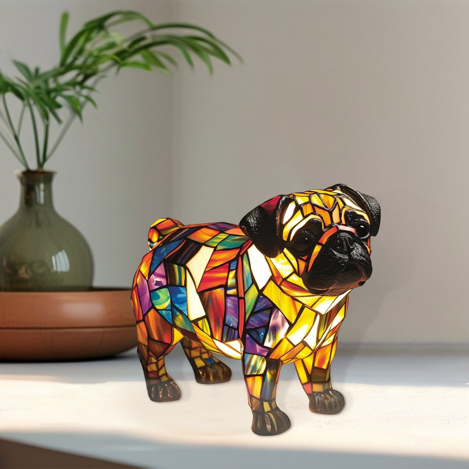Dog Series Pug Lamp Stained Glass LED Night Light with Soft Warm Glow
