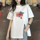 thumbnail image 2 of Camiseta de mujer de algodón puro con cuello redondo, manga corta, estilo coreano, holgada, adelgazante, con abertura lateral, para verano, 2 of 4