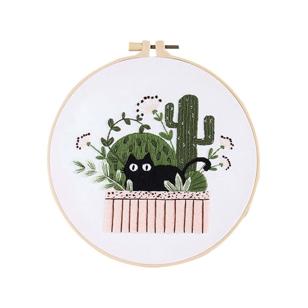 Kit de Bordado de Gato para Principiantes Kit de Bordado a Mano Floral Botánico Moderno con Patrones