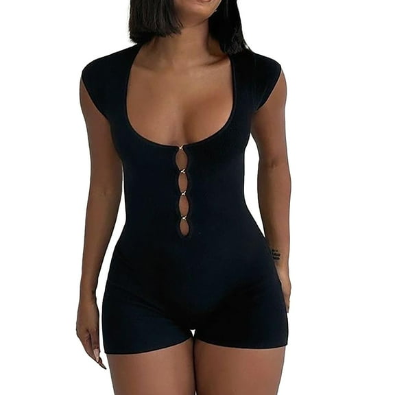 GHSOHS Black Bodysuits for Women Casual Short Sleeve Round Neck Hollow Out Body Suits Stretch Shorts Jumpsuit Club Party Romper Tops