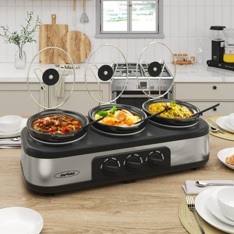 SUNVIVI Small Slow Cooker Triple Food Warmer Buffet Servers with 3 Ceramic  Pot 1.5 Quart Crock, Perfect for Parties, Entertaining & Holidays 