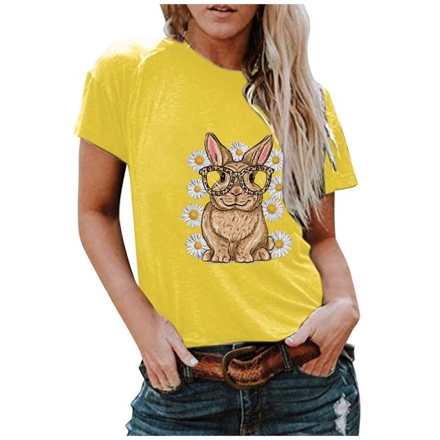 Hauts d'Été Grande Taille pour Femmes, T-shirt Imprimé Lapin Col Rond, Blouse Décontractée à Manches Courtes, Col en V, en Solde