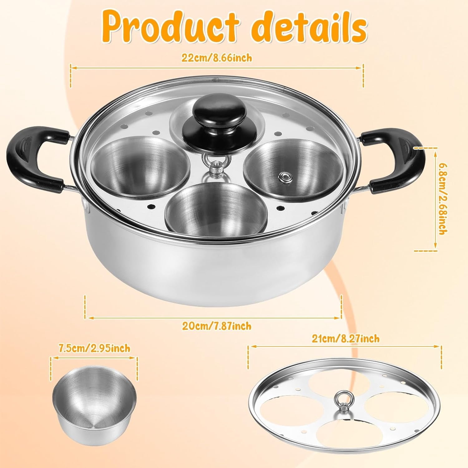 2pcs Egg Poacher Stainless Steel Poached Egg Maker Pot Egg Poaching Pan with 4 Cups Poached Egg Cooker Pot Multipurpose Stovetop Egg Poacher Pot for Induction Cooktop Gas Cooktop