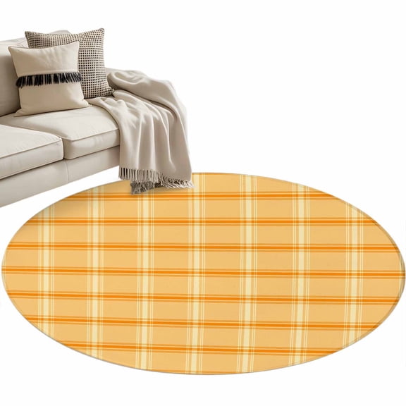 Yellow Orange Checkered Round Area Rug 4 FT, Non Slip Indoor Outdoor Rug, Farmhouse Buffalo Plaid Striped Washable Soft Circular Carpet Non-Shedding Floor Mat for Coffee Table Nursery Foyer Balcony