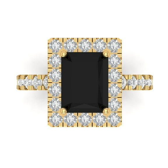 3.84ct emerald cut black natural onyx 14k yellow gold engraving statement bridal wedding halo Designer Ring size 7.5
