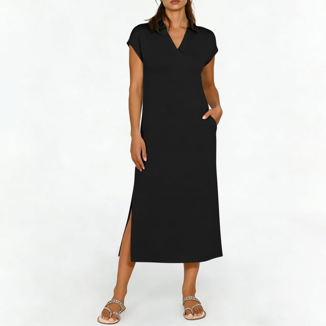 TaTaai Women's Short Sleeve Midi Dress Solid Color Lapel Collar Casual Dress with Side Slit Lightweight Stretchy Polyester Blend Gift