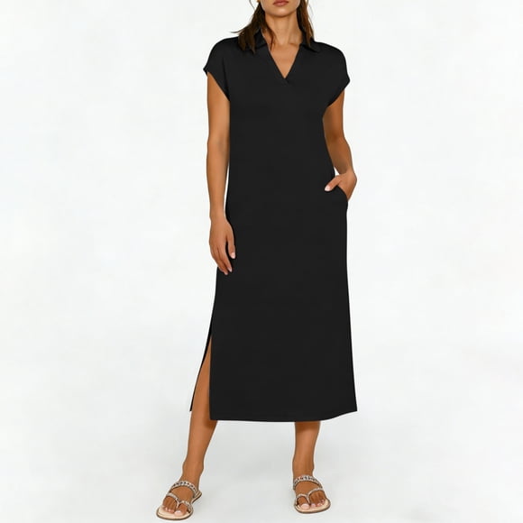 Heisall Womens Summer Casual Midi Dresses Short Sleeve Polo V Neck Loose Split Wrinkle-Free Beach Vacation Tshirt Maxi Dress
