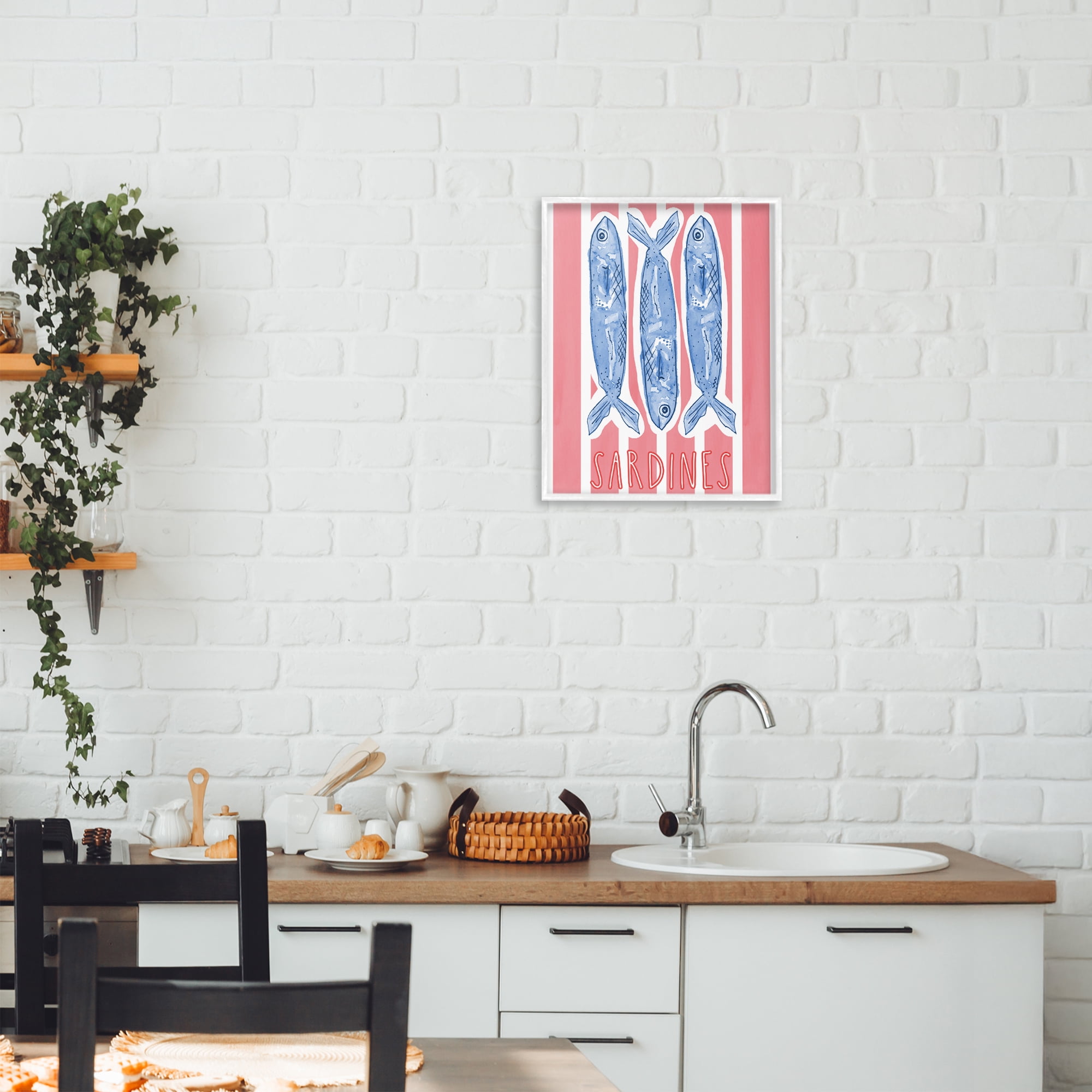 Stupell Industries Americana Sardines on Pink Stripes White Framed Giclee Art, design by Nola James