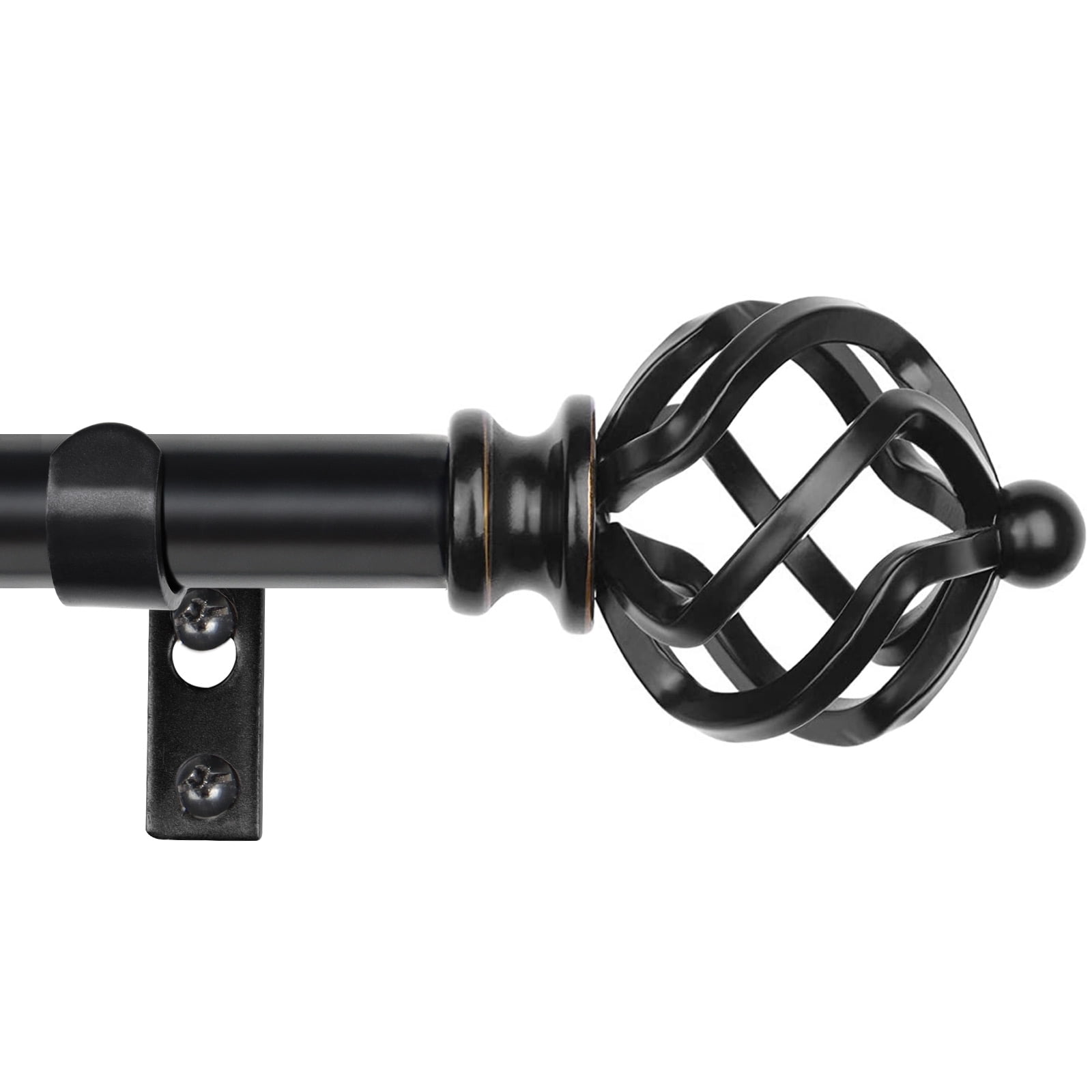 KAMANINA 3/4" Adjustable Single Curtain Rod with Twist Cage Finial, 28 - 48", Black