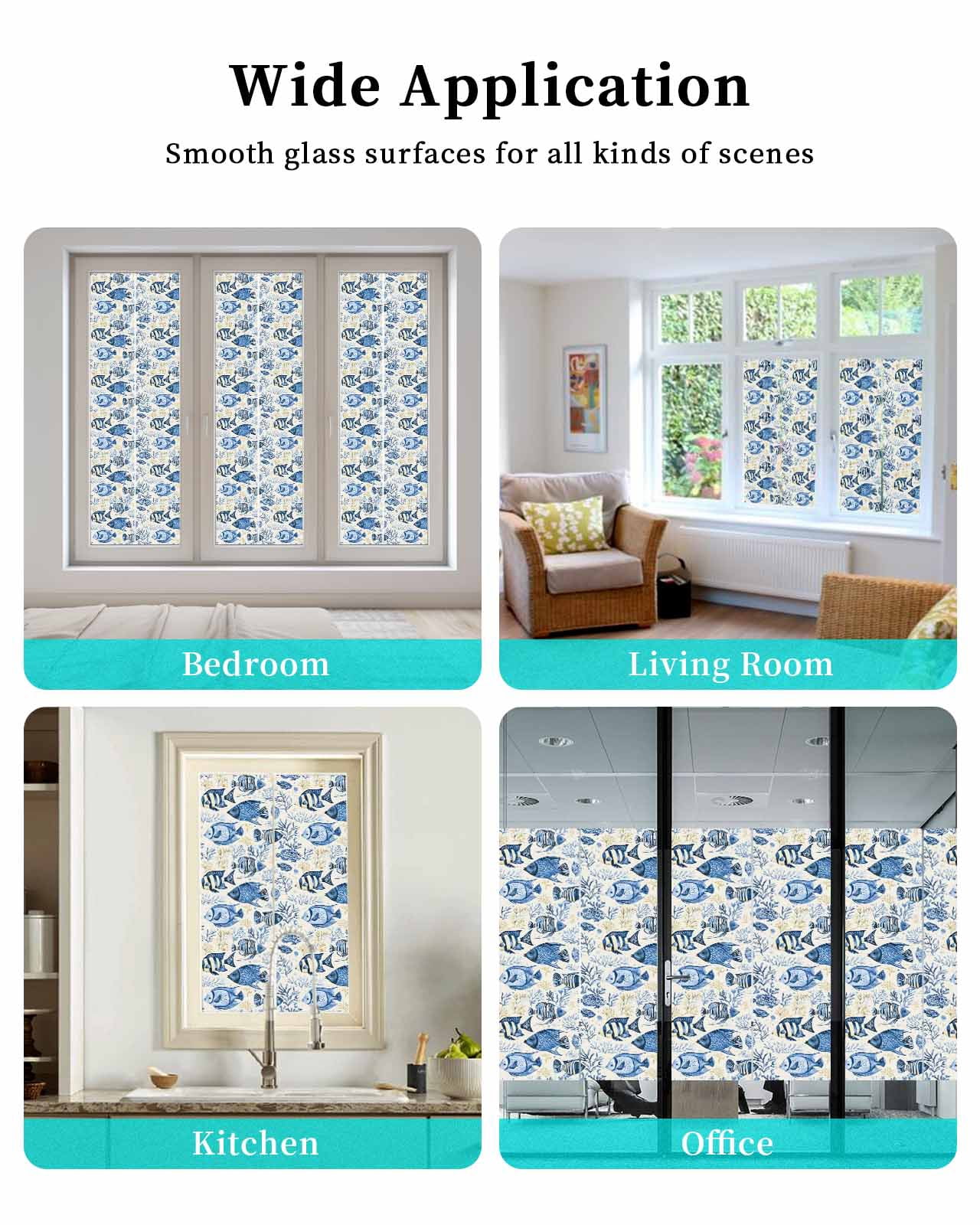 Window Privacy Film Blue Ocean Fish Stained Glass Window Film Decorative Sun Block Window Cover Tropical Animal Coastal Coral Marine Life Window Clings Static Sticker for Bathroom 29.5"x78.7"