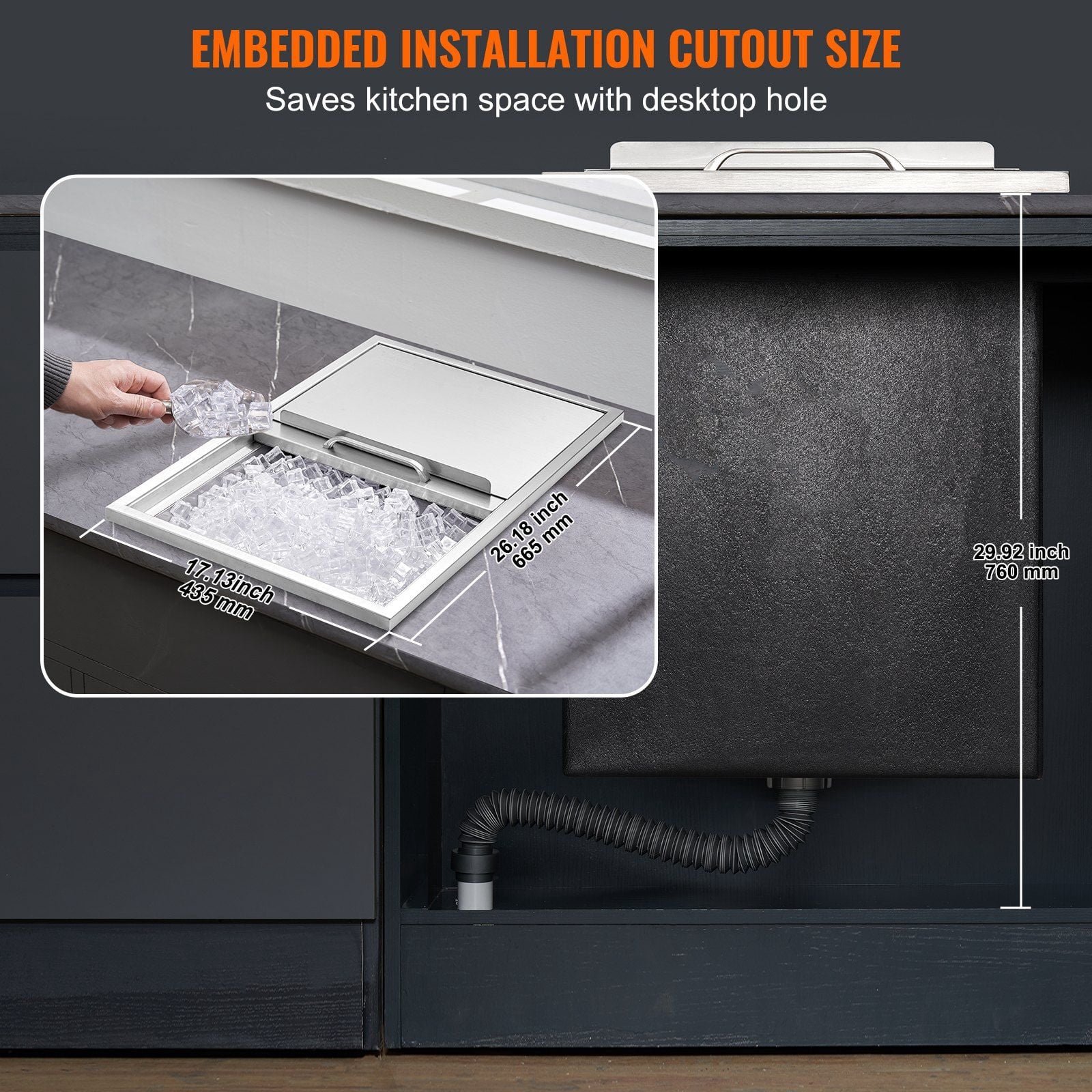 Drop-in Ice Chest, Stainless Steel, 27x18x21 Inch, Sliding Lid, Drain System, 40.9 QT for Keeping Beer, Wine, Beverages Cold