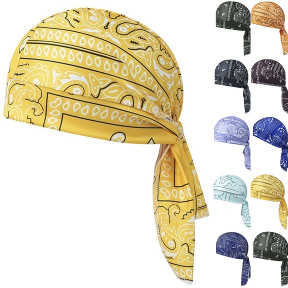 Bandana Running Hat Durag, Elastic Cycling Sports Cap, Sweat Bands, Cooling Paisley Head Covering for Men and Women Yellow one size