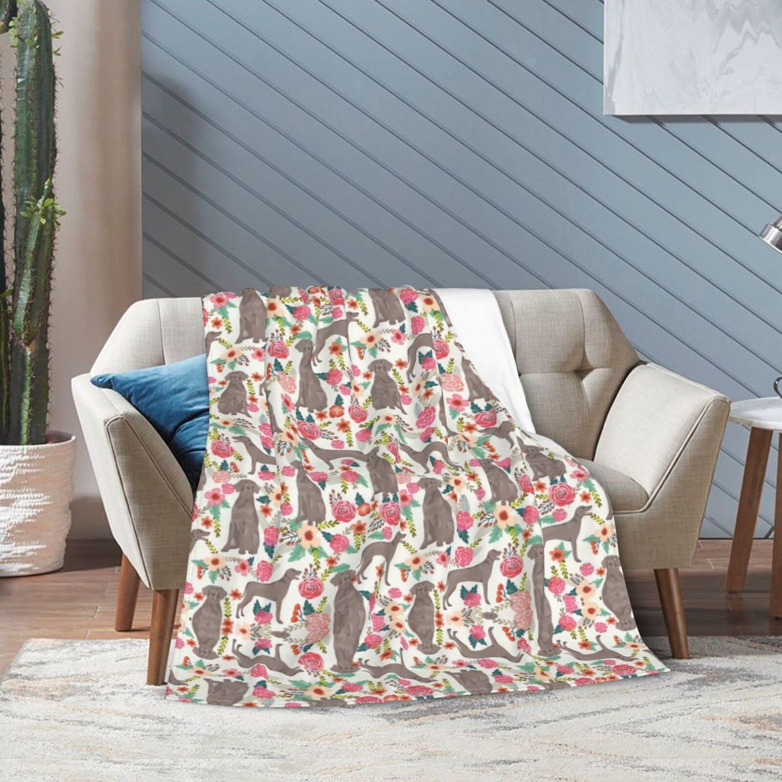 Wijzvio Weimaraner Dogs Flower Floral Throw Blanket Soft Fuzzy Fleece Blanket For Couch Bed Living Room Decoration 80"X60"