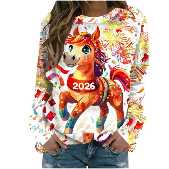 Christmas Sweatshirts for Women Round Neck Shirts Fashion Christmas Funny Printed Blouses Long Sleeve Sweaters Casual Xmas Holiday Pullover Tops