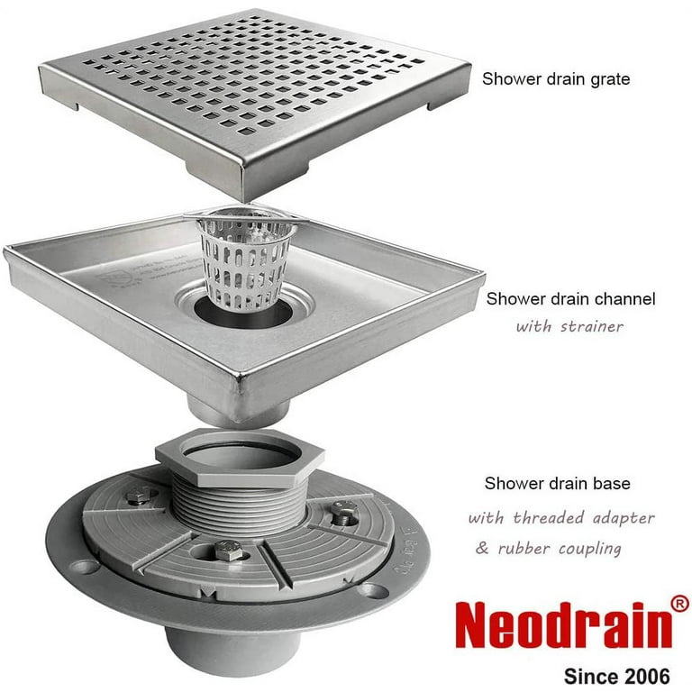 neodrain 4-Inch Square Shower Drain with Removable Quadrato Pattern Grate,  Brushed 304 Stainless Steel, with