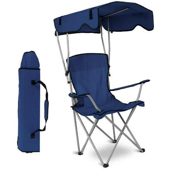 Folding Camping Chair with Canopy Shade 600D Oxford Portable Camping Chair with Cup Holder Support 330lbs Navy Blue