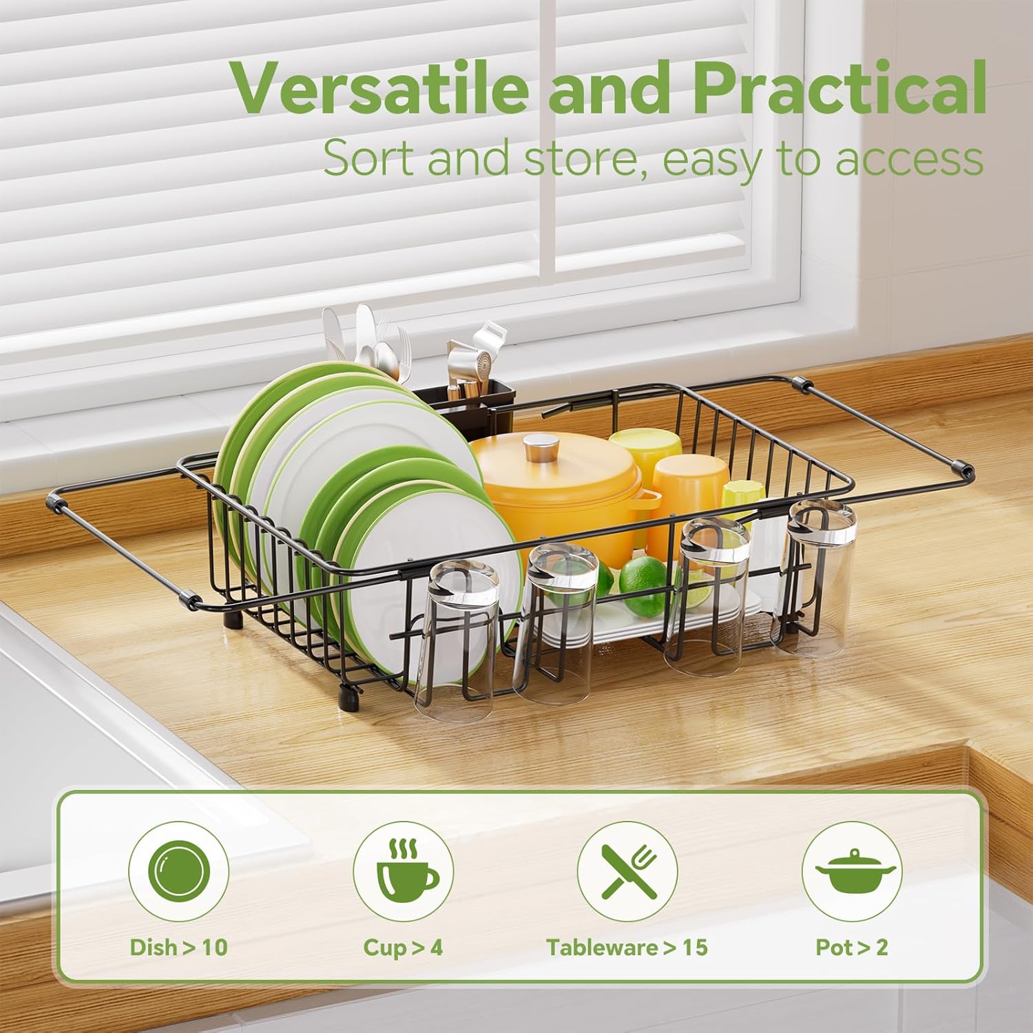 General Expandable Dish Drying Rack in Sink, Adjustable Dish Drainers for Kitchen Counter, Inside Sink, Over The Sink with Utensil Holder, Black