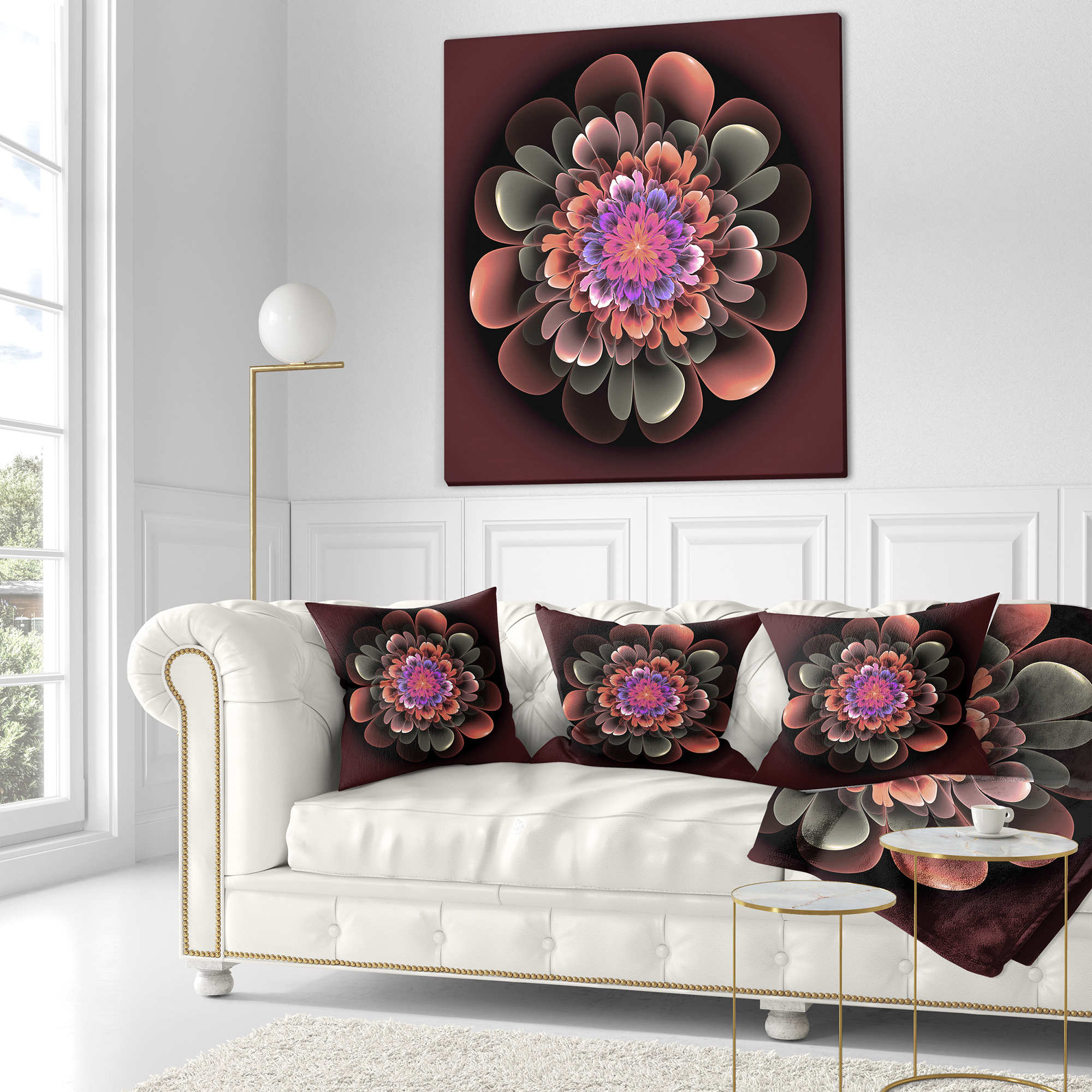 Designart Perfect Fractal Flower in Dark Brown - Floral Throw Pillow - 16x16