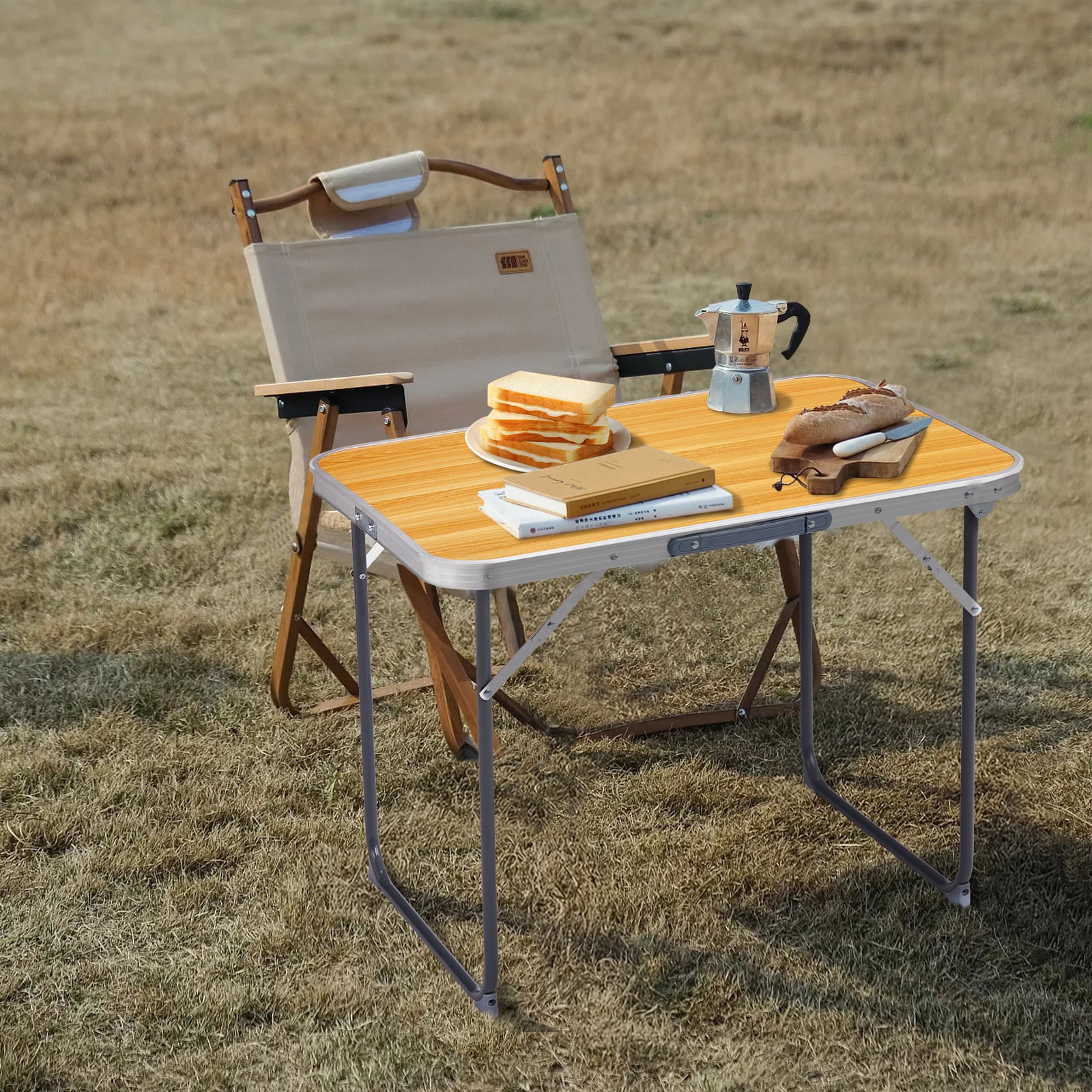 2.3ft Aluminum Camping Folding Table wood grain color