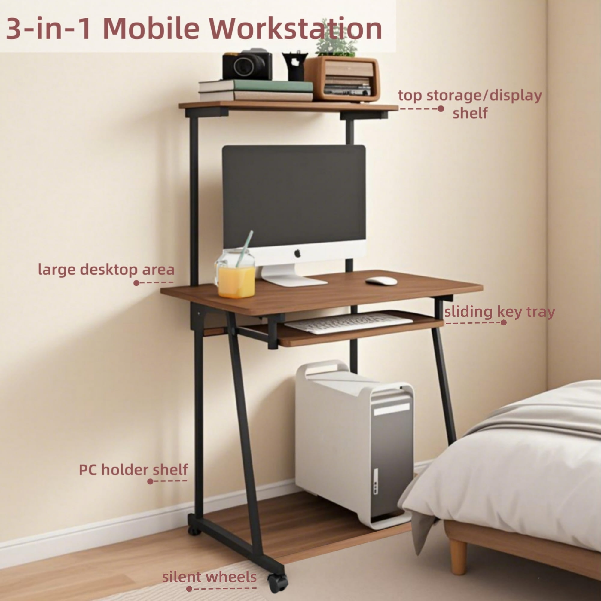 VGBYUJ Rolling Computer Desk, 3 Tier Mobile Computer Desk with Keyboard Tray & Print Shelf for Small Space, Home Office, Brown