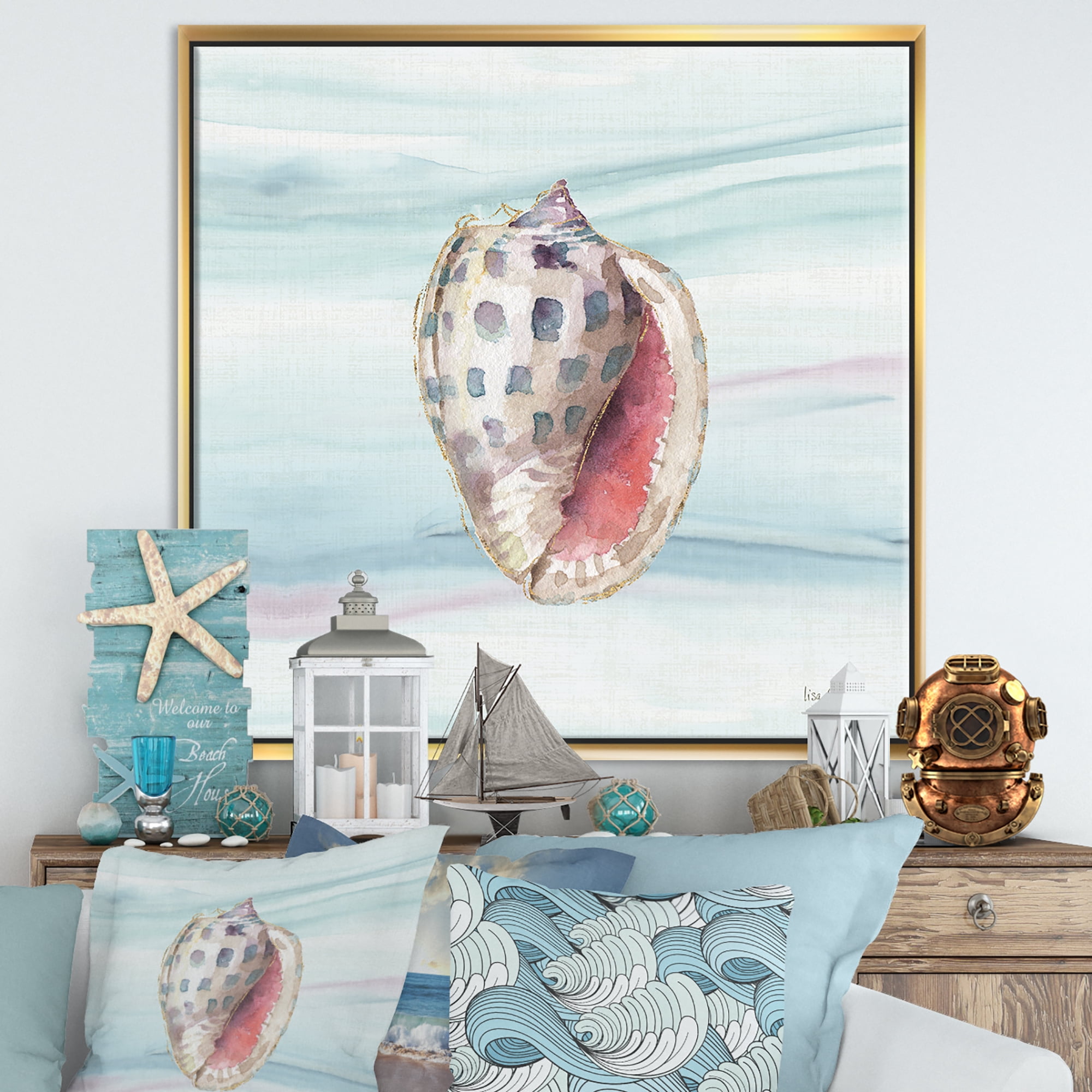 Designart ' Gilded Sea Horn Shell on Blue ' Nautical & Coastal Framed Canvas
