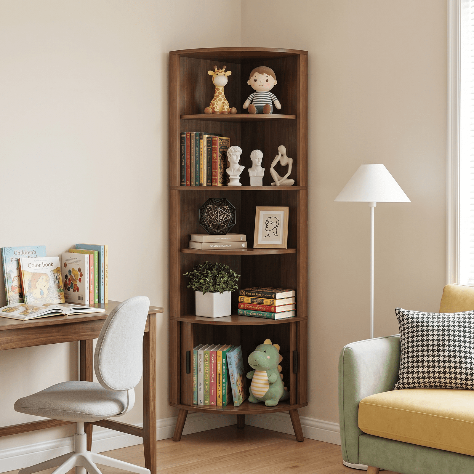 67-Inch Corner Shelf with Sliding Doors and 4-Tier Open Shelves, Freestanding Corner Storage Cabinet and Bookshelf for Living Room and Kitchen, Walnut