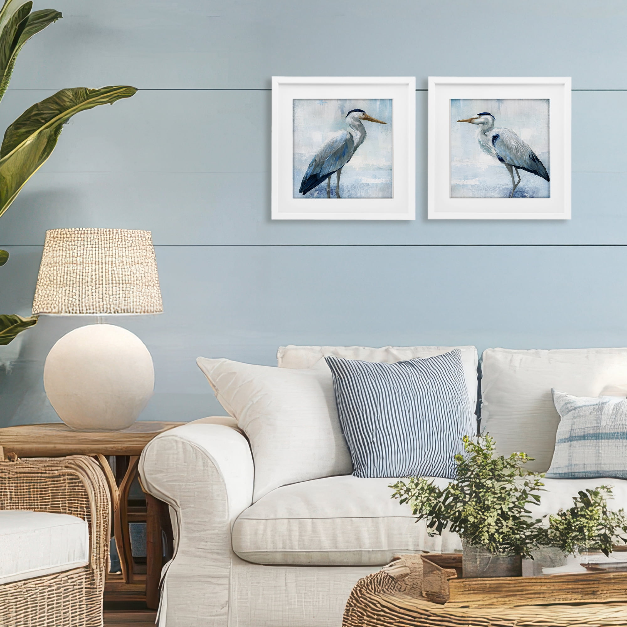 Stupell Industries Faded Blue Coastal Herons 2 Piece White Framed Print Under Glass Set, design by Nan