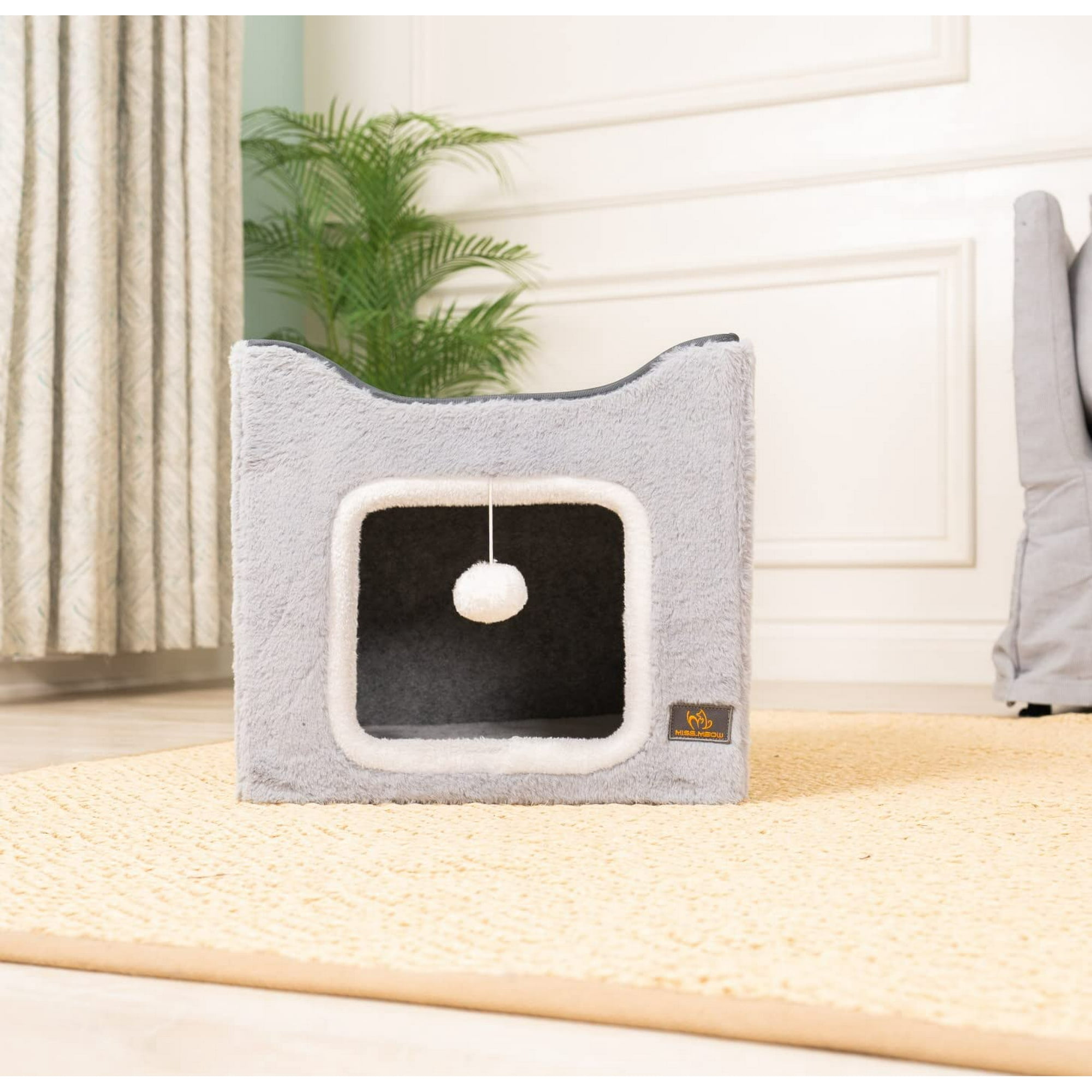 Miss Meow cat Bed for Indoor cats Medium Large cats cave Bed Machine Washable Slip Resistant Bottom Ultra Soft Plush cushion gray Fleece House Walmart
