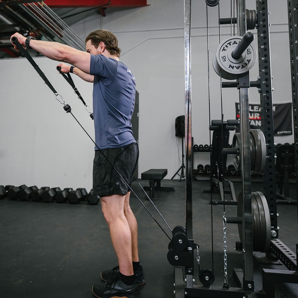 Titan Fitness Tall Wall Mounted Pulley Tower, 84.5" Plate Loaded Cable Machine, Rated 350 LB, Universal Standard & Olympic Plate Compatibility, 18 Height Settings, Space-Saving Functional Trainer