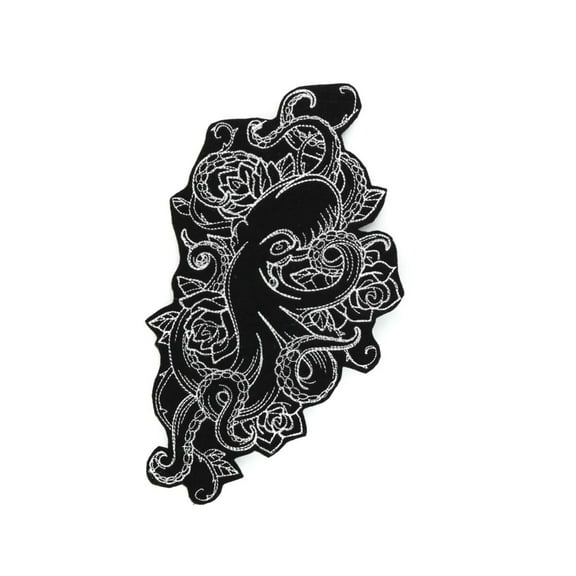 Large Octopus Black and White Iron On Embroidered Patch