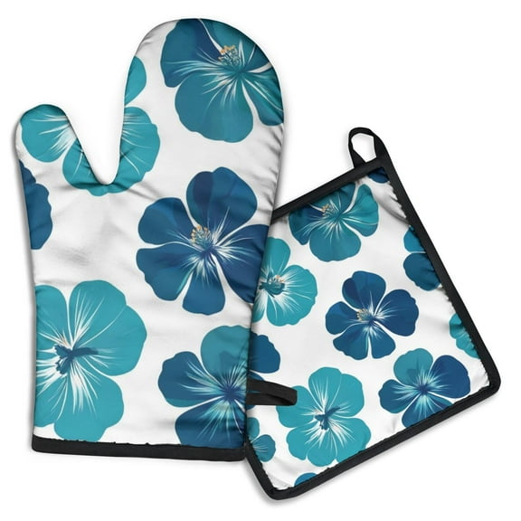 Blue Pioneer Flower Kitchen Oven Mitt and Pot Holder Sets 2 Pcs for Baking, Cooking and Grilling, Heat Resistant Up To 392 °F