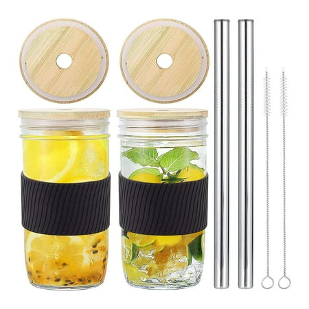 

2 Pack Wide Mouth 24Oz Mason Jars Drinking Glasses Mason Jar Cups with Bamboo Lids White Silicone Sleeve Covers