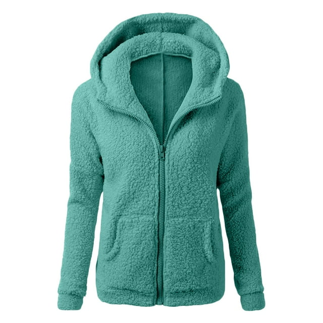 WEIYLL Womens Fleece Jacket Hooded Sweater Warm Wool Zipper Outwear Light Blue Fall Tops Size 2XL