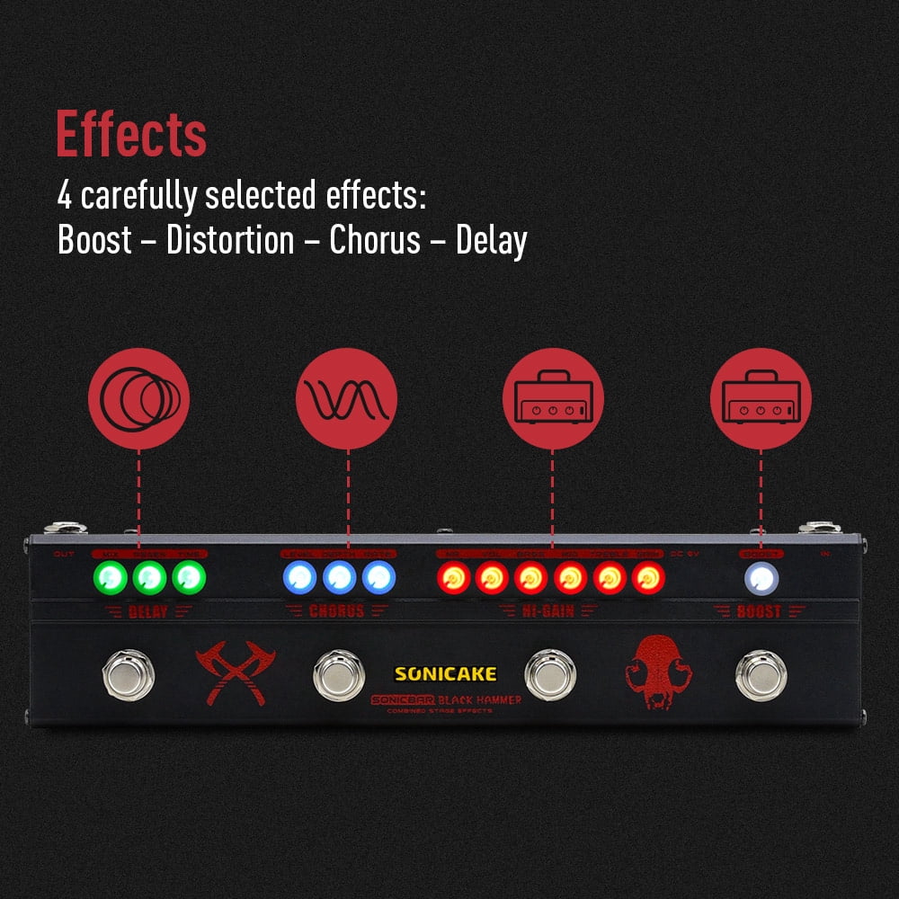 Sonicake Multi Guitar Effects Pedal Black Hammer Hi Gain Distortion Delay Chorus