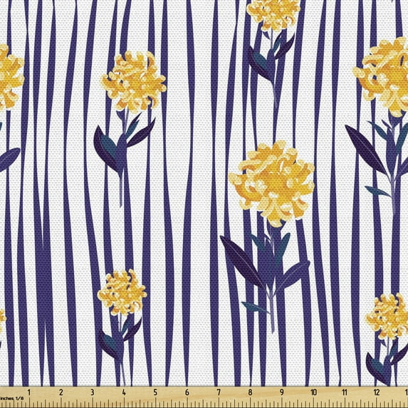 Floral Sofa Upholstery Fabric by the Yard, Spring Season Repeating Pattern Chrysanthemum Flowers on Striped Background, Decorative Fabric for DIY and Home Accents, Indigo Earth Yellow by Ambesonne