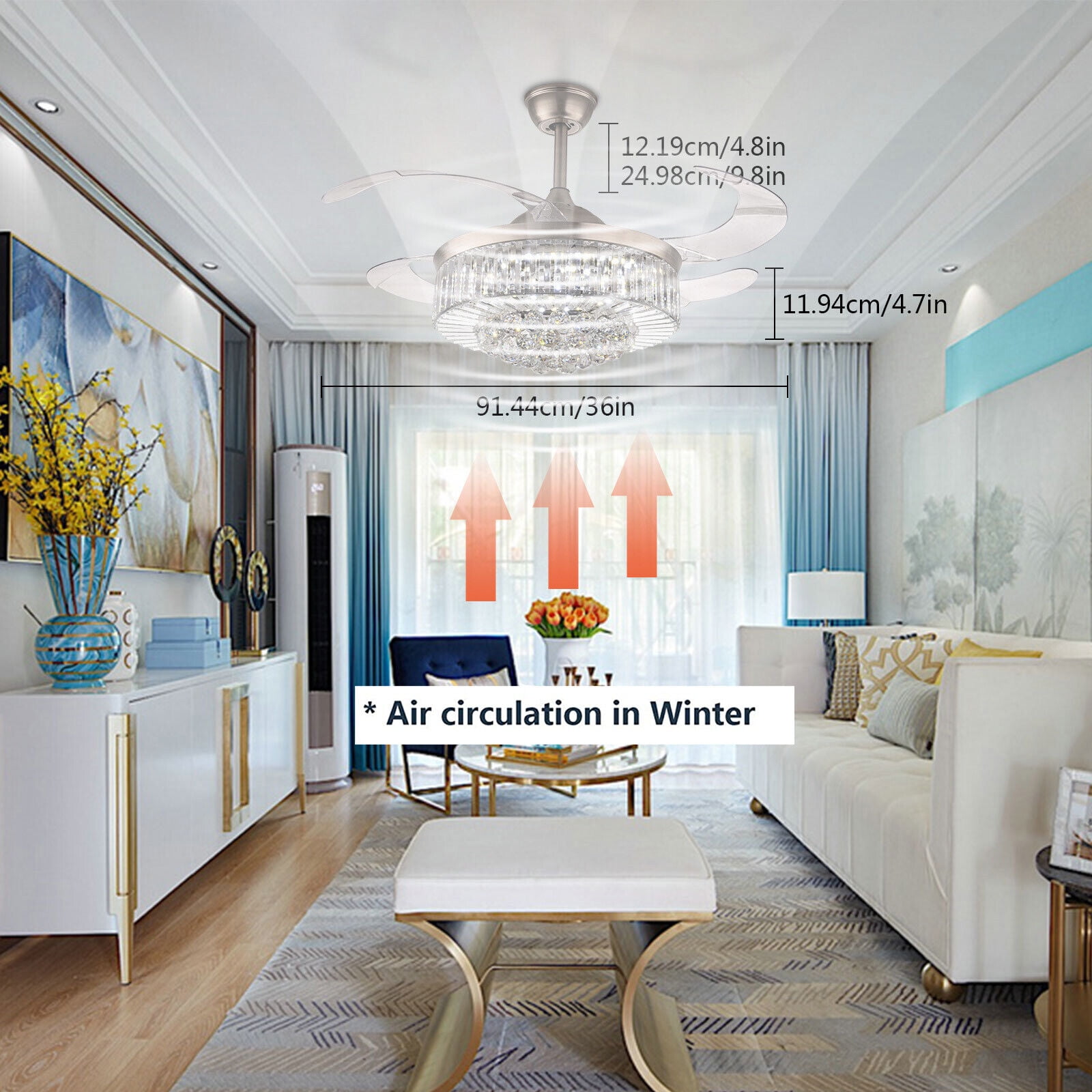 36"Modern Indoor Ceiling Fan With LED Light Crystal Ceiling light with Fan Chandelier Lamp pendent celling lighting lamp light fixture Fandelier Remote Control 3 Fan Speeds