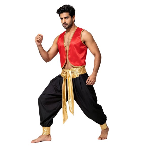 Aiihoo Mens Stain Gold Trim Open Front Vest Sleeveless Waistcoat Harem Pants Outfit Burgundy&Black 3XL