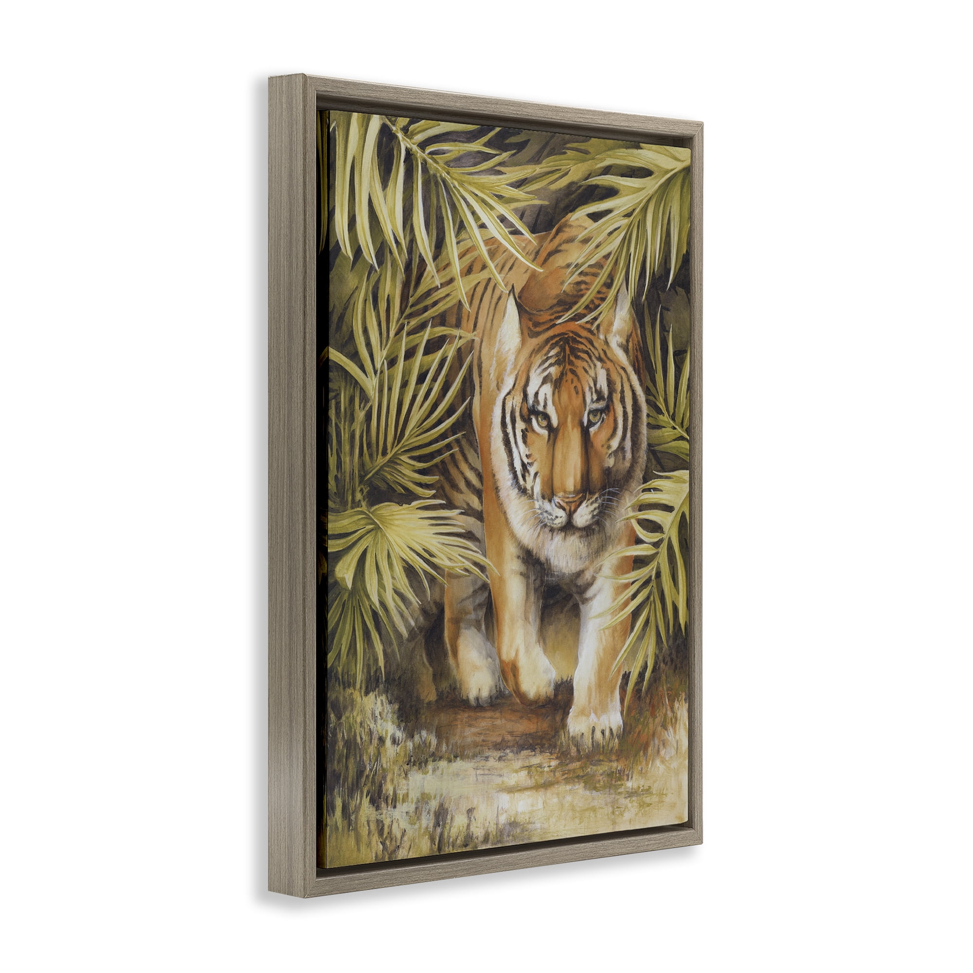 Stupell Industries Tiger Prowling Through Leaves Animals & Insects Painting Brown Floater Framed Canvas Art Print Wall Art, 17 x 25