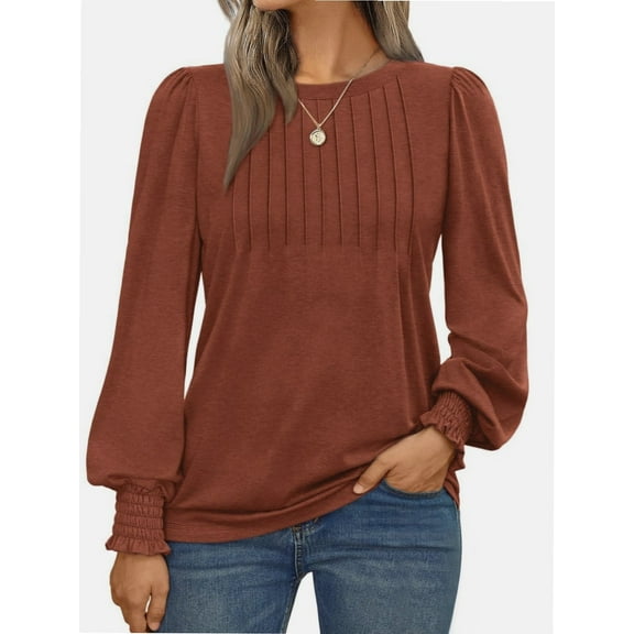 Womens Long Sleeve Tops Dressy Casual Shirts Pleated Crewneck Basic Blouses Fall Trendy Outfits