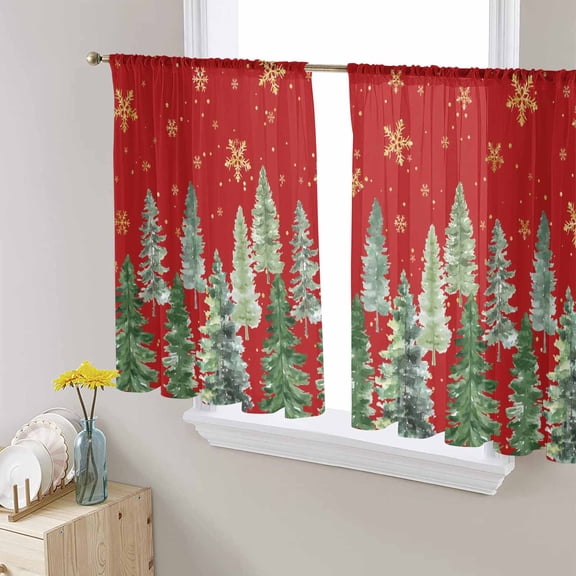 Red Christmas Tree Sheer Curtains 45 Inches Long, Winter Watercolor Gold Snowflakes Light Filtering Window Curtains for Living Room/Bedroom, Rod Pocket Voile Sheer Curtain Drapes, 52"Wx45"L, 2 Panels