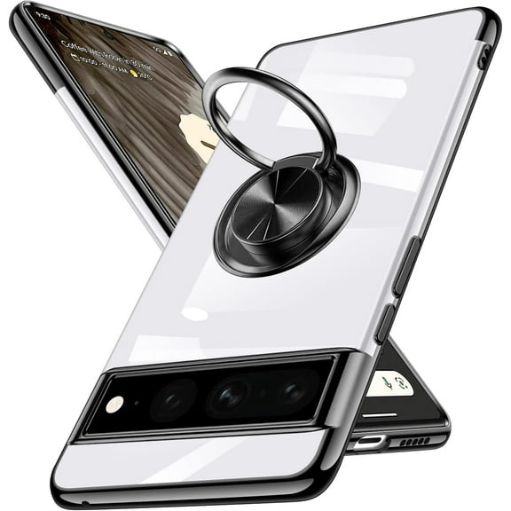 Compatible with Google Pixel 7 Case 6.0" Clear Cover with Ring Holder Kickstand Electroplate TPU Liquid Silicon Transparent Non-Yellowing Cell Phone Case Shockproof Bumper for Pixel7 - Black
