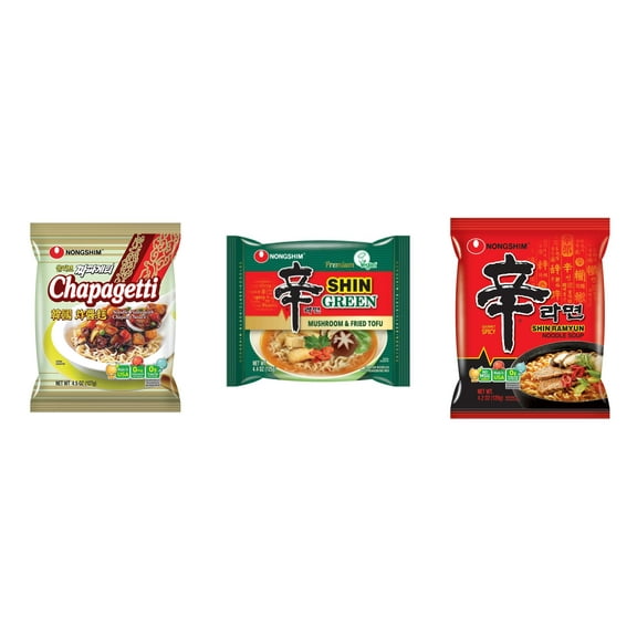 3 Pack Korean NongShim Gourmet Spicy Shin Instant Ramen Noodle, 3 Flavors(chapagetti,shin Green,shin red) Plus NineChef Brand Long Handle Coffee Spoon