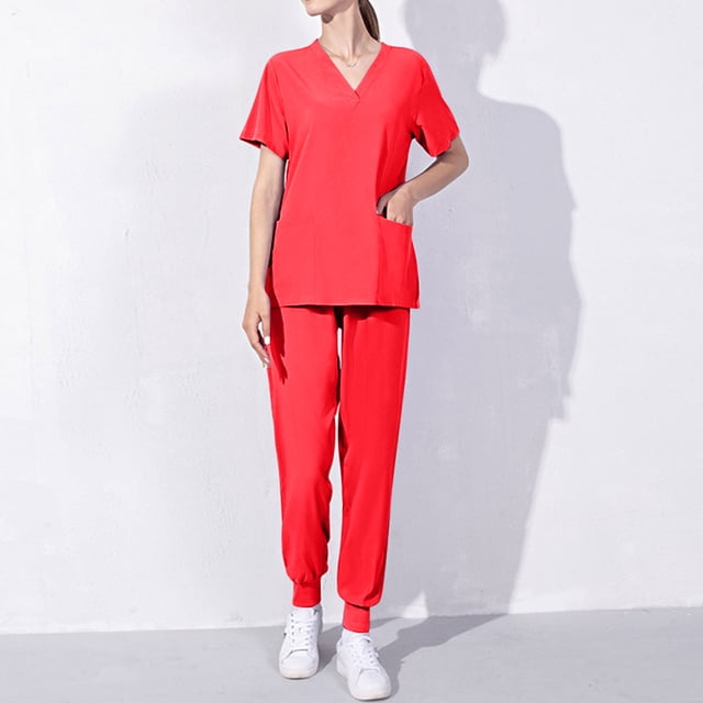 BADHUB Scrub Sets for Woman Clearance Essential Classic 2PCs Scrub Set Nursing Uniform Stretch V-Neck Top & Drawstring Cargo Pants with Pockets Holiday Deals