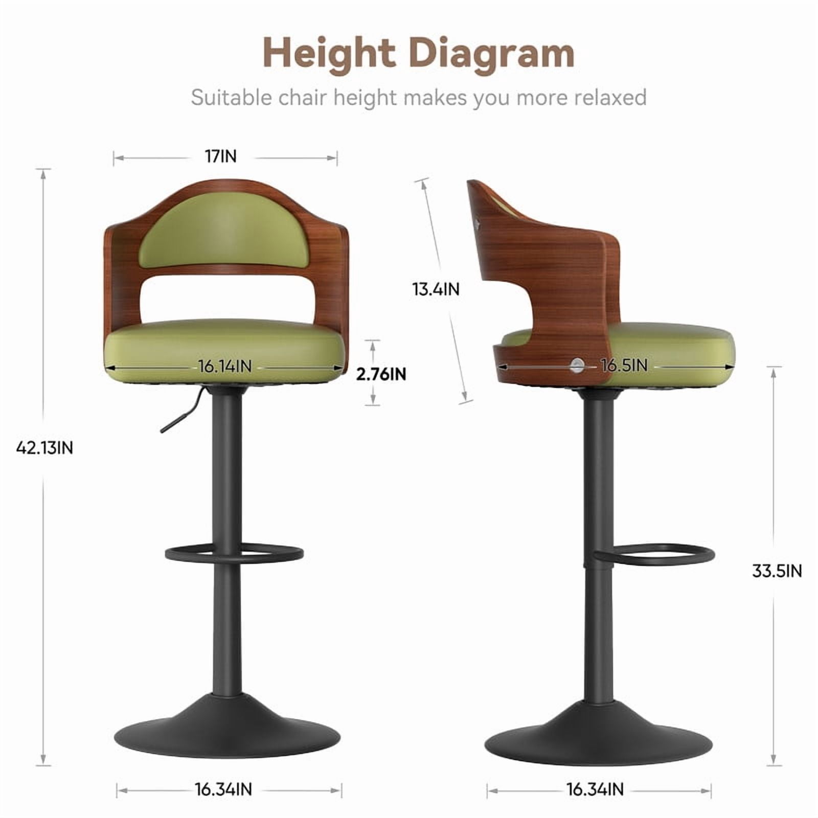 Daluvenix Swivel Bar Stools Set of 2, Wooden Kitchen Bar Chairs with Back, PU Leather Counter Height Barstools for Kitchen Island, Green