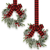 Vorkoi Small Christmas Wreath Mini Cabinet Wreaths for Kitchen Christmas Red Berry with Red and Black Plaid Bow Farmhouse Wreath for Holiday Christmas Party Decorations