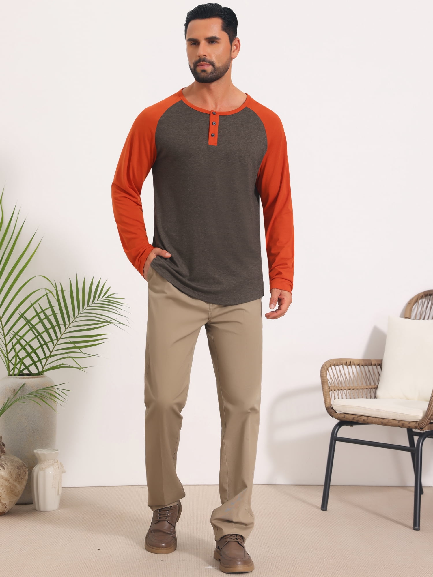 DARING DIVA Men's Raglan Long Sleeve Tee Shirt Baseball Henley T-Shirts 2XL Brown Red