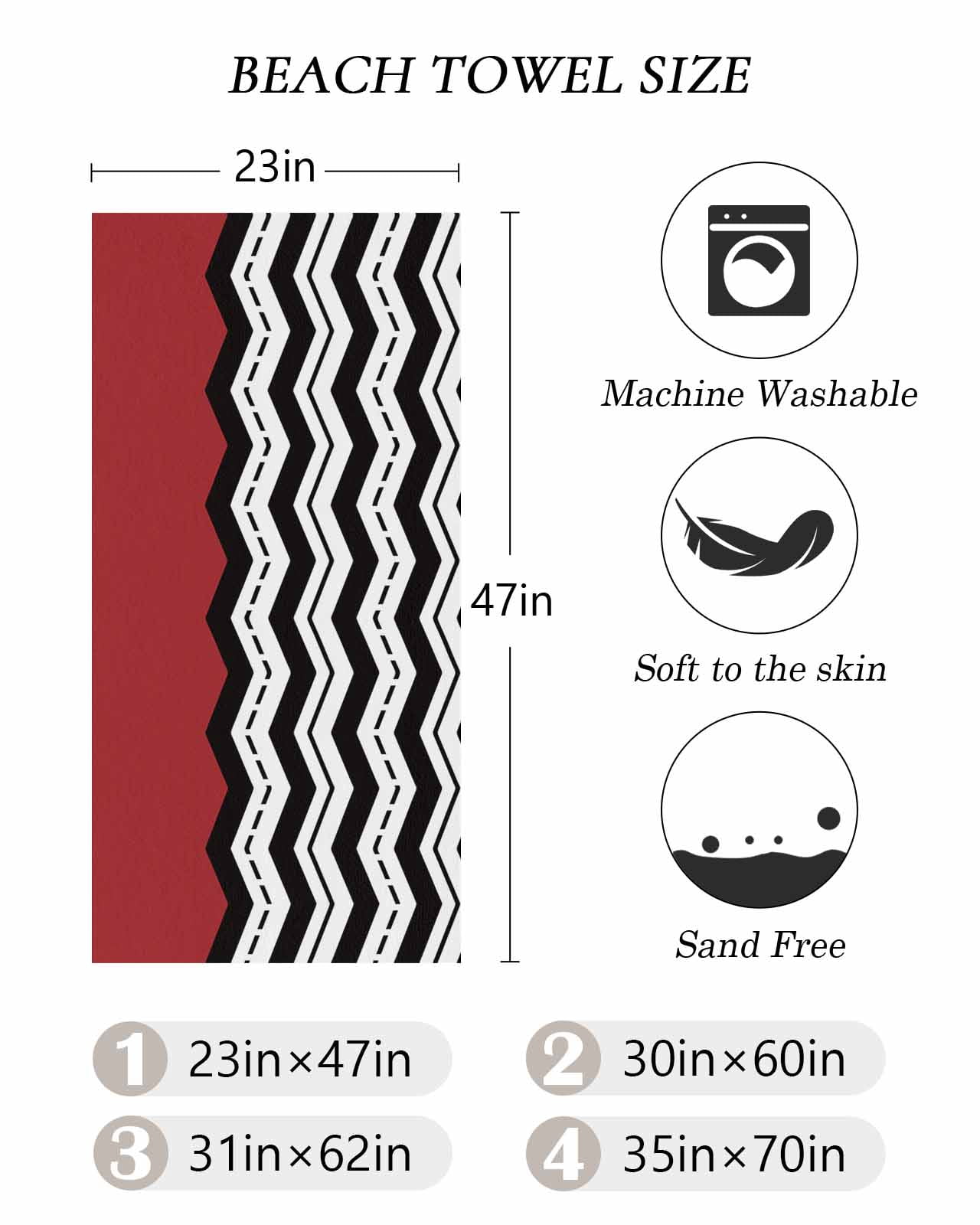 Black White Chevron Beach Towels Oversized Super Absorbent, Geometric Red Sea Wavy Striped Lightweight Bath Towel Quick Dry Sets For Bathroom/Pool/Rv Camping/Beach Play/Gym Room/Picnic 23"x47"