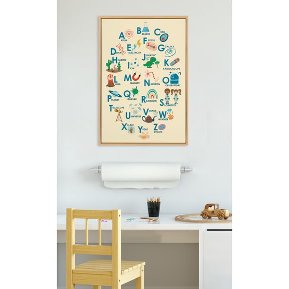 Kate and Laurel Sylvie Science Alphabet Framed Canvas Wall Art by Carrie Cantwell, 23x33 Natural, Colorful Cute Nursery Art for Wall