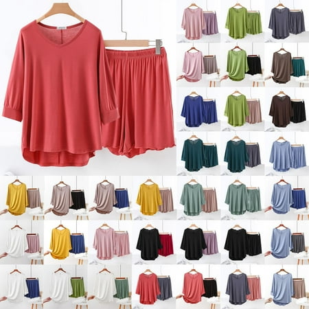 Jinhomg Womens Summer Sleepwear Set Casual Loose 3/4 Sleeve V-Neck Ruffled Tops with Wide Leg Shorts 2 Piece Soft Comfy Pajamas 2025 Cute Loungewear White XL